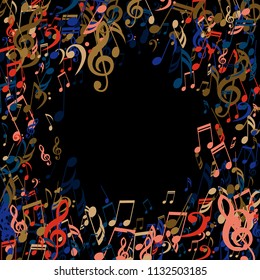 Wreath of Musical Signs. Modern Background with Notes, Bass and Treble Clefs. Vector Element for Musical Poster, Banner, Advertising, Card. Minimalistic Simple Background.