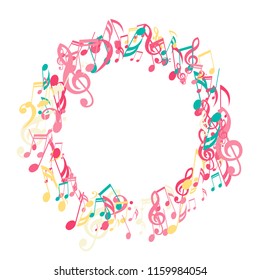 Wreath of Musical Signs. Modern Background with Notes, Bass and Treble Clefs. Vector Element for Musical Poster, Banner, Advertising, Card. Minimalistic Simple Background.