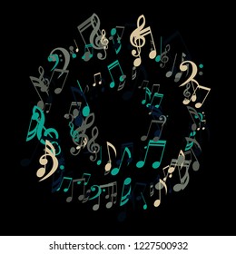 Wreath of Musical Signs. Modern Background with Notes, Bass and Treble Clefs. Vector Element for Musical Poster, Banner, Advertising, Card. Minimalistic Simple Background.