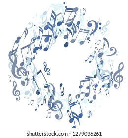 Wreath of Musical Signs. Modern Background with Notes, Bass and Treble Clefs. Vector Element for Musical Poster, Banner, Advertising, Card. Minimalistic Simple Background.