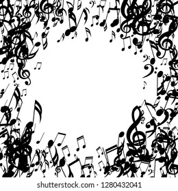 Wreath of Musical Signs. Modern Background with Notes, Bass and Treble Clefs. Vector Element for Musical Poster, Banner, Advertising, Card. Minimalistic Simple Background.