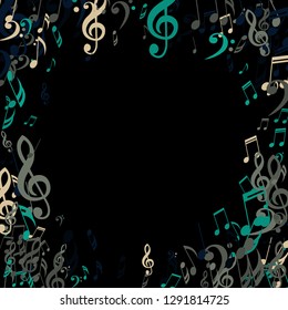 Wreath of Musical Signs. Modern Background with Notes, Bass and Treble Clefs. Vector Element for Musical Poster, Banner, Advertising, Card. Minimalistic Simple Background.