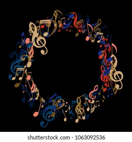 Wreath of Musical Signs. Trendy Background with Notes, Bass and Treble Clefs. Vector Element for Musical Poster, Banner, Advertising, Card. Minimalistic Simple Background.