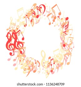 Wreath of Musical Signs. Trendy Background with Notes, Bass and Treble Clefs. Vector Element for Musical Poster, Banner, Advertising, Card. Minimalistic Simple Background.