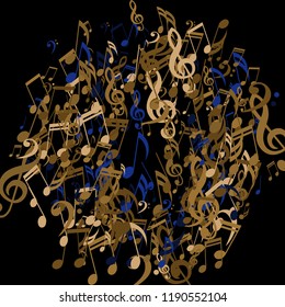 Wreath of Musical Signs. Trendy Background with Notes, Bass and Treble Clefs. Vector Element for Musical Poster, Banner, Advertising, Card. Minimalistic Simple Background.