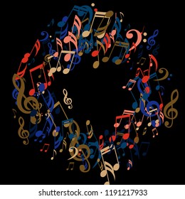 Wreath of Musical Signs. Trendy Background with Notes, Bass and Treble Clefs. Vector Element for Musical Poster, Banner, Advertising, Card. Minimalistic Simple Background.