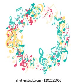 Wreath of Musical Signs. Trendy Background with Notes, Bass and Treble Clefs. Vector Element for Musical Poster, Banner, Advertising, Card. Minimalistic Simple Background.