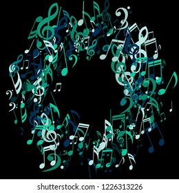 Wreath of Musical Signs. Trendy Background with Notes, Bass and Treble Clefs. Vector Element for Musical Poster, Banner, Advertising, Card. Minimalistic Simple Background.