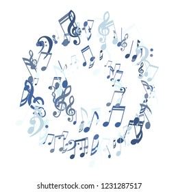 Wreath of Musical Signs. Trendy Background with Notes, Bass and Treble Clefs. Vector Element for Musical Poster, Banner, Advertising, Card. Minimalistic Simple Background.