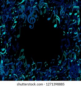 Wreath of Musical Signs. Trendy Background with Notes, Bass and Treble Clefs. Vector Element for Musical Poster, Banner, Advertising, Card. Minimalistic Simple Background.