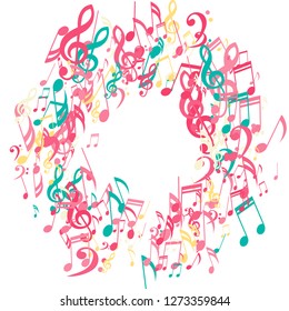 Wreath of Musical Signs. Trendy Background with Notes, Bass and Treble Clefs. Vector Element for Musical Poster, Banner, Advertising, Card. Minimalistic Simple Background.