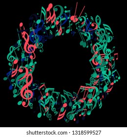 Wreath of Musical Signs. Trendy Background with Notes, Bass and Treble Clefs. Vector Element for Musical Poster, Banner, Advertising, Card. Minimalistic Simple Background.