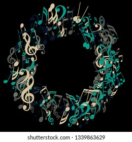 Wreath of Musical Signs. Trendy Background with Notes, Bass and Treble Clefs. Vector Element for Musical Poster, Banner, Advertising, Card. Minimalistic Simple Background.