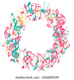Wreath of Musical Symbols. Abstract Background with Notes, Bass and Treble Clefs. Vector Element for Musical Poster, Banner, Advertising, Card. Minimalistic Simple Background.