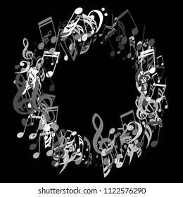 Wreath of Musical Symbols. Abstract Background with Notes, Bass and Treble Clefs. Vector Element for Musical Poster, Banner, Advertising, Card. Minimalistic Simple Background.