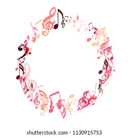 Wreath of Musical Symbols. Abstract Background with Notes, Bass and Treble Clefs. Vector Element for Musical Poster, Banner, Advertising, Card. Minimalistic Simple Background.