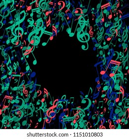 Wreath of Musical Symbols. Abstract Background with Notes, Bass and Treble Clefs. Vector Element for Musical Poster, Banner, Advertising, Card. Minimalistic Simple Background.