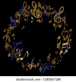 Wreath of Musical Symbols. Abstract Background with Notes, Bass and Treble Clefs. Vector Element for Musical Poster, Banner, Advertising, Card. Minimalistic Simple Background.
