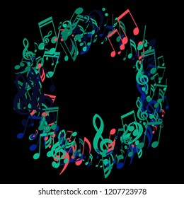 Wreath of Musical Symbols. Abstract Background with Notes, Bass and Treble Clefs. Vector Element for Musical Poster, Banner, Advertising, Card. Minimalistic Simple Background.