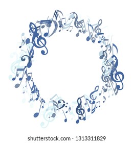 Wreath of Musical Symbols. Abstract Background with Notes, Bass and Treble Clefs. Vector Element for Musical Poster, Banner, Advertising, Card. Minimalistic Simple Background.