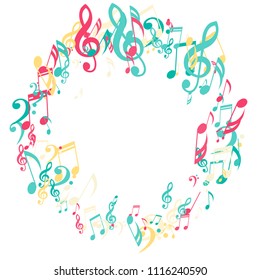 Wreath of Musical Symbols. Creative Background with Notes, Bass and Treble Clefs. Vector Element for Musical Poster, Banner, Advertising, Card. Minimalistic Simple Background.