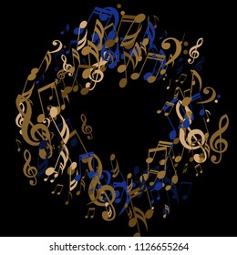 Wreath of Musical Symbols. Creative Background with Notes, Bass and Treble Clefs. Vector Element for Musical Poster, Banner, Advertising, Card. Minimalistic Simple Background.