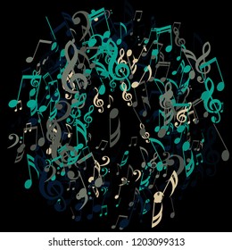 Wreath of Musical Symbols. Creative Background with Notes, Bass and Treble Clefs. Vector Element for Musical Poster, Banner, Advertising, Card. Minimalistic Simple Background.