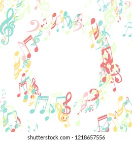 Wreath of Musical Symbols. Creative Background with Notes, Bass and Treble Clefs. Vector Element for Musical Poster, Banner, Advertising, Card. Minimalistic Simple Background.