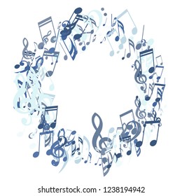 Wreath of Musical Symbols. Creative Background with Notes, Bass and Treble Clefs. Vector Element for Musical Poster, Banner, Advertising, Card. Minimalistic Simple Background.