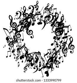 Wreath of Musical Symbols. Creative Background with Notes, Bass and Treble Clefs. Vector Element for Musical Poster, Banner, Advertising, Card. Minimalistic Simple Background.