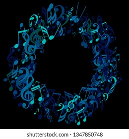 Wreath of Musical Symbols. Creative Background with Notes, Bass and Treble Clefs. Vector Element for Musical Poster, Banner, Advertising, Card. Minimalistic Simple Background.