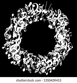 Wreath of Musical Symbols. Creative Background with Notes, Bass and Treble Clefs. Vector Element for Musical Poster, Banner, Advertising, Card. Minimalistic Simple Background.