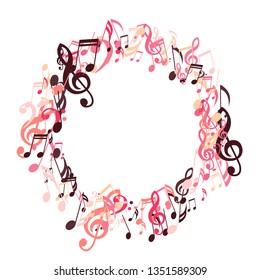 Wreath of Musical Symbols. Creative Background with Notes, Bass and Treble Clefs. Vector Element for Musical Poster, Banner, Advertising, Card. Minimalistic Simple Background.