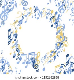 Wreath of Musical Symbols. Modern Background with Notes, Bass and Treble Clefs. Vector Element for Musical Poster, Banner, Advertising, Card. Minimalistic Simple Background.