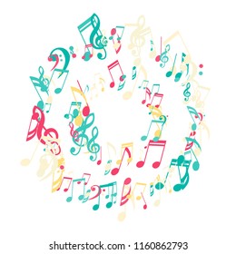 Wreath of Musical Symbols. Modern Background with Notes, Bass and Treble Clefs. Vector Element for Musical Poster, Banner, Advertising, Card. Minimalistic Simple Background.