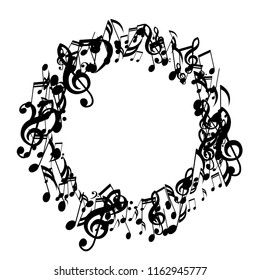 Wreath of Musical Symbols. Modern Background with Notes, Bass and Treble Clefs. Vector Element for Musical Poster, Banner, Advertising, Card. Minimalistic Simple Background.