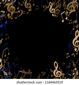 Wreath of Musical Symbols. Modern Background with Notes, Bass and Treble Clefs. Vector Element for Musical Poster, Banner, Advertising, Card. Minimalistic Simple Background.
