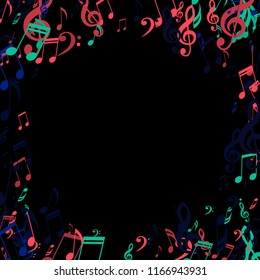 Wreath of Musical Symbols. Modern Background with Notes, Bass and Treble Clefs. Vector Element for Musical Poster, Banner, Advertising, Card. Minimalistic Simple Background.