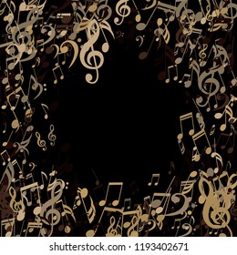 Wreath of Musical Symbols. Modern Background with Notes, Bass and Treble Clefs. Vector Element for Musical Poster, Banner, Advertising, Card. Minimalistic Simple Background.
