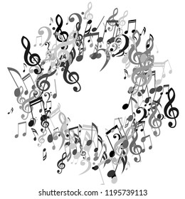 Wreath of Musical Symbols. Modern Background with Notes, Bass and Treble Clefs. Vector Element for Musical Poster, Banner, Advertising, Card. Minimalistic Simple Background.