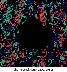 Wreath of Musical Symbols. Modern Background with Notes, Bass and Treble Clefs. Vector Element for Musical Poster, Banner, Advertising, Card. Minimalistic Simple Background.