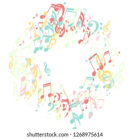 Wreath of Musical Symbols. Modern Background with Notes, Bass and Treble Clefs. Vector Element for Musical Poster, Banner, Advertising, Card. Minimalistic Simple Background.