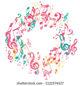 Wreath of Musical Symbols. Trendy Background with Notes, Bass and Treble Clefs. Vector Element for Musical Poster, Banner, Advertising, Card. Minimalistic Simple Background.