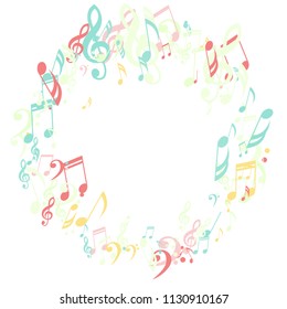 Wreath of Musical Symbols. Trendy Background with Notes, Bass and Treble Clefs. Vector Element for Musical Poster, Banner, Advertising, Card. Minimalistic Simple Background.