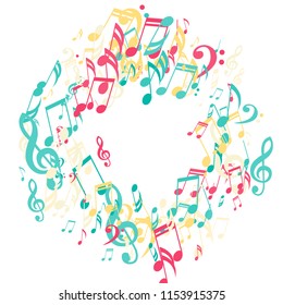 Wreath of Musical Symbols. Trendy Background with Notes, Bass and Treble Clefs. Vector Element for Musical Poster, Banner, Advertising, Card. Minimalistic Simple Background.