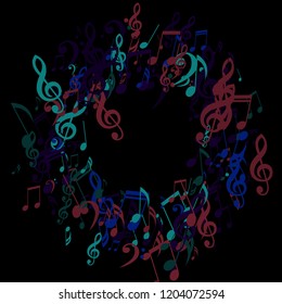 Wreath of Musical Symbols. Trendy Background with Notes, Bass and Treble Clefs. Vector Element for Musical Poster, Banner, Advertising, Card. Minimalistic Simple Background.