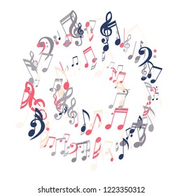 Wreath of Musical Symbols. Trendy Background with Notes, Bass and Treble Clefs. Vector Element for Musical Poster, Banner, Advertising, Card. Minimalistic Simple Background.