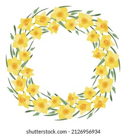 A wreath of narcissus flowers and leaves. Daffodils. Suitable for postcards and invitations. Vector