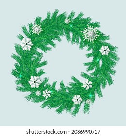Сhristmas wreath. New Year's background of fir branches and snowflakes. Vector illustration.
