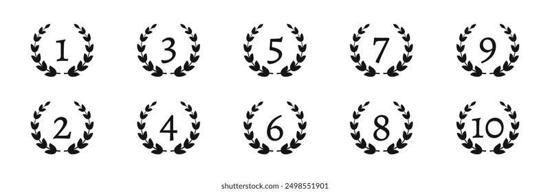 Wreath with number. Laurel wreath. 1-10 numbers in wreaths.